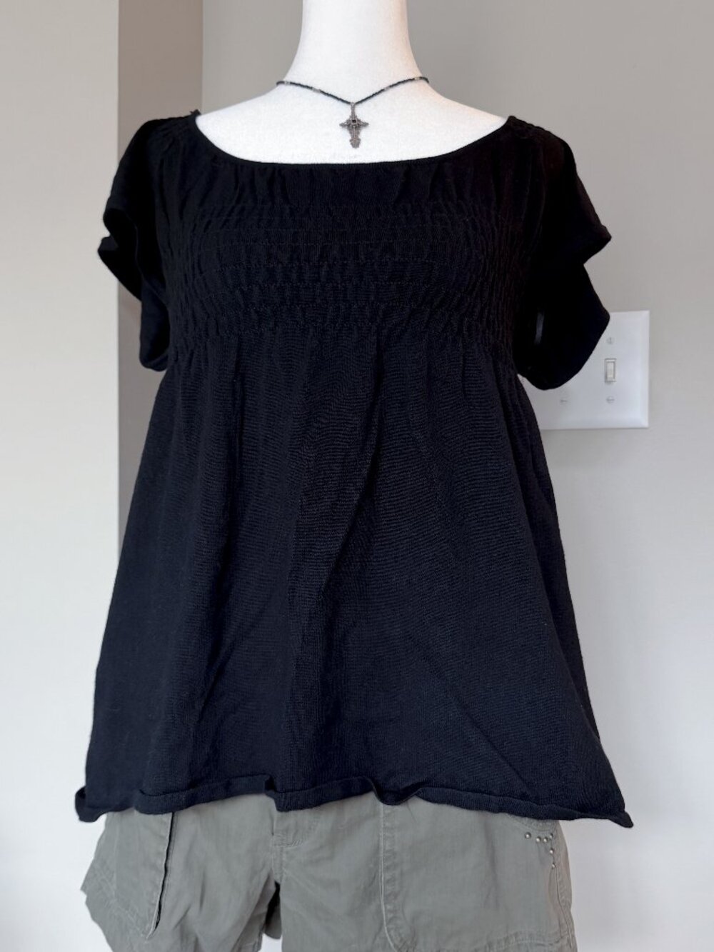 AB Studio Black Babydoll Top Smocked Bodice - Size Medium